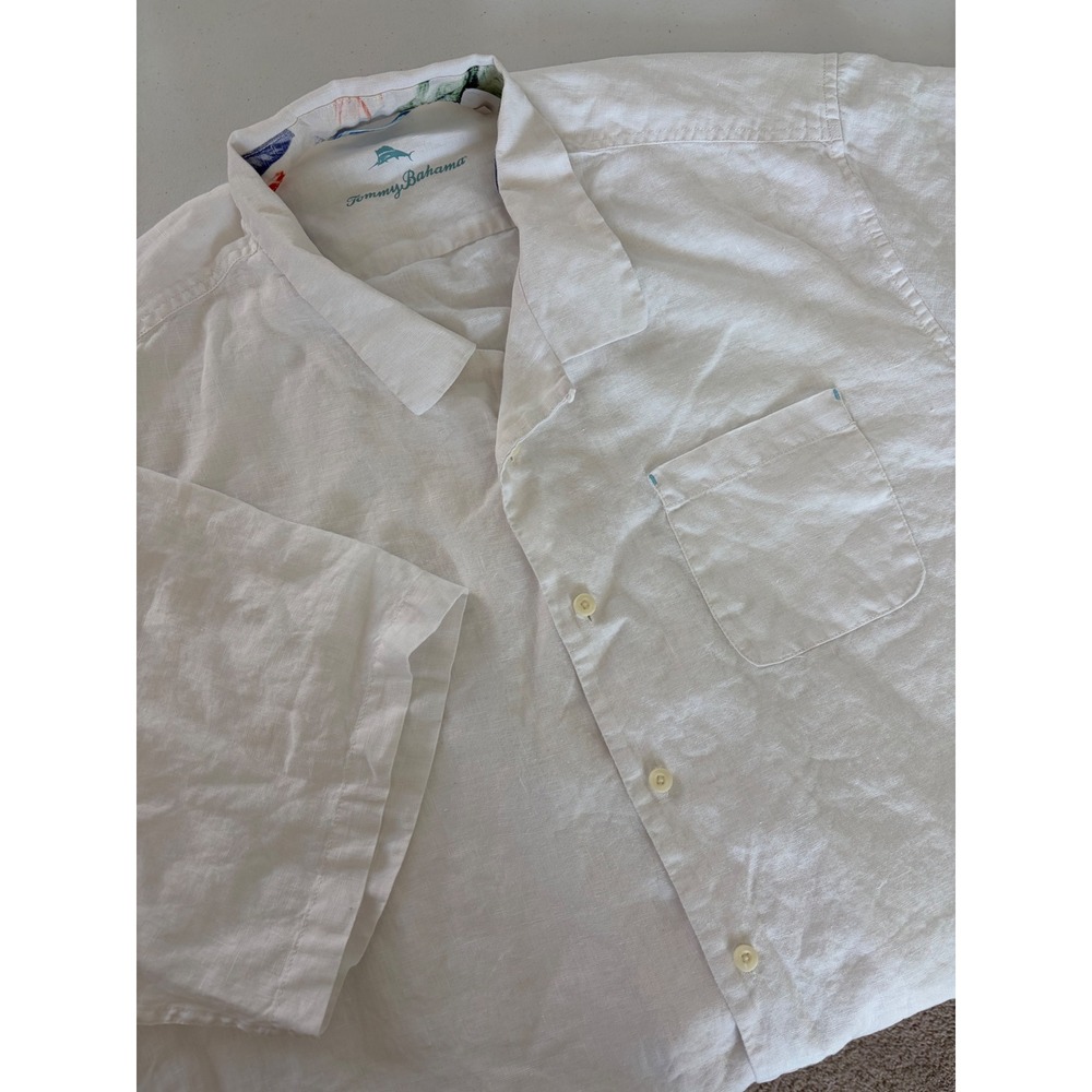 Tommy Bahama Linen Short Sleeve Camp Shirt White Mens Palm Tree Logo